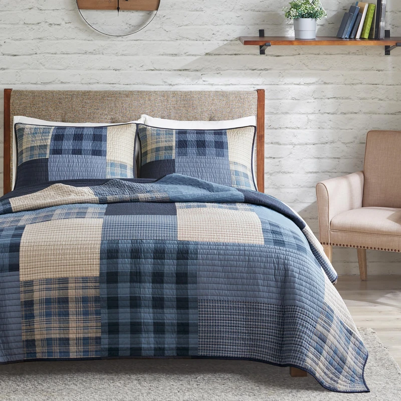 Woolrich Quilt Set, Patchwork Quilting Cottage Blanket Double Bed All Seasons Lightweight Prewashed Cotton Bedspread Pillow Cases Winter Hill Plus Size Full/Queen Blue, 3