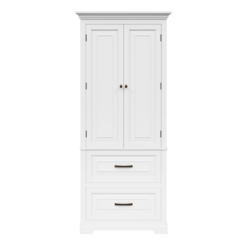 Teamson Home St. James Linen Tower Cabinet, White with Brushed Bronze Hardware, Two Doors, Two Drawers, Three Internal Shelves for Bathroom or Utility Storage