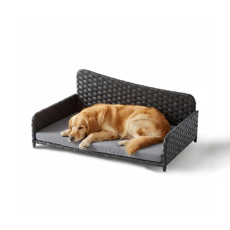 Relaxdays Rattan Dog Bed, XL, Raised Indoor & Outdoor with Cushion, 38x87x49 cm, Grey