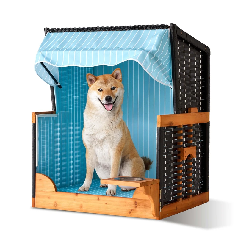 Relaxdays Dog Beach Chair with Rattan Frame, Canopy & Bowl, 95x75x65 cm, Garden & Terrace, Light Blue