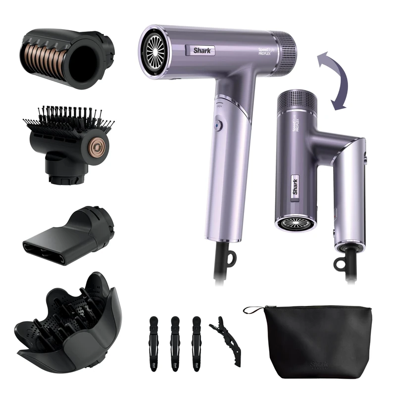 Shark SpeedStyle Pro Flex Hair Dryer, High Performance High-Velocity Hair-Dryer w/ 4 Styling Attachments, Lightweight, Ionic, No Heat Damage, Folding Handle, for All Hair Types, Lilac Frost HD543PLUK