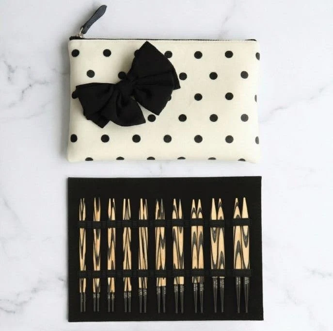 KnitPro Cherie Interchangeable Circular Knitting Needle Gift Set - 10 Sizes 3.0-8.0mm - Birch Wood Needles with 4 Swivel Cables and Accessories - Polka Dot Case