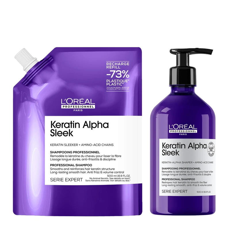 L'Oréal Professionnel Keratin Alpha Sleek Shampoo -2 week* Anti Frizz and Smoothing, sulphate-free 500ml and Shampoo Refill Pack Anti-frizz & Smoothing 500ml - Image 1