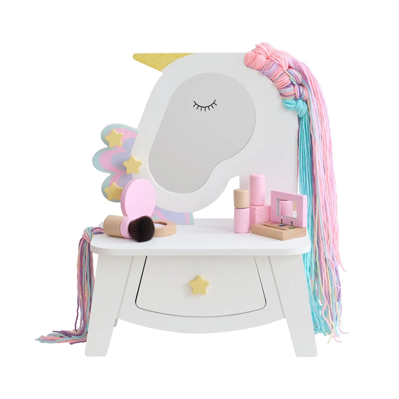 Teamson Kids Dreamy Unicorn Vanity Set with Mirror, Star Hooks, Drawer Storage, Soft Styling Hair & 5 Pretend Makeup Accessories for Dress-Up Play