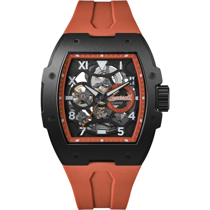 Ingersoll The Play Mens 45mm Automatic Watch with Black Skeleton Dial and Orange PU Strap I15304