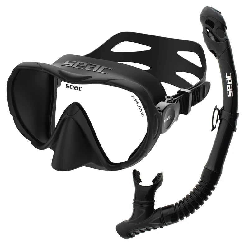SEAC Set Bis X-Frame Dry - Adult Snorkelling Set with Frameless Single-Lens Tempered Glass Mask and Dry-Top Snorkel | Silicone, Purge Valve and Ergonomic Mouthpiece for Scuba Diving and Snorkelling