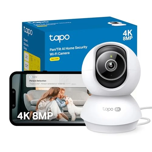 Tapo NEW C250 4K 8MP Pan/Tilt Indoor House Security Camera,Pet Camera, Baby Camera Monitor, Auto Tracking, AI Detection, IR Night Vision, Flexible Storage,Customisable Zones, Alexa & Google