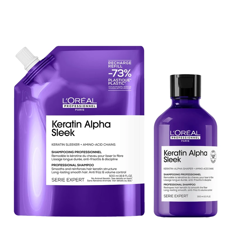 L'Oréal Professionnel Keratin Alpha Sleek Shampoo -2 week* Anti Frizz and Smoothing, sulphate-free 300ml and Shampoo Refill Pack Anti-frizz & Smoothing 500ml