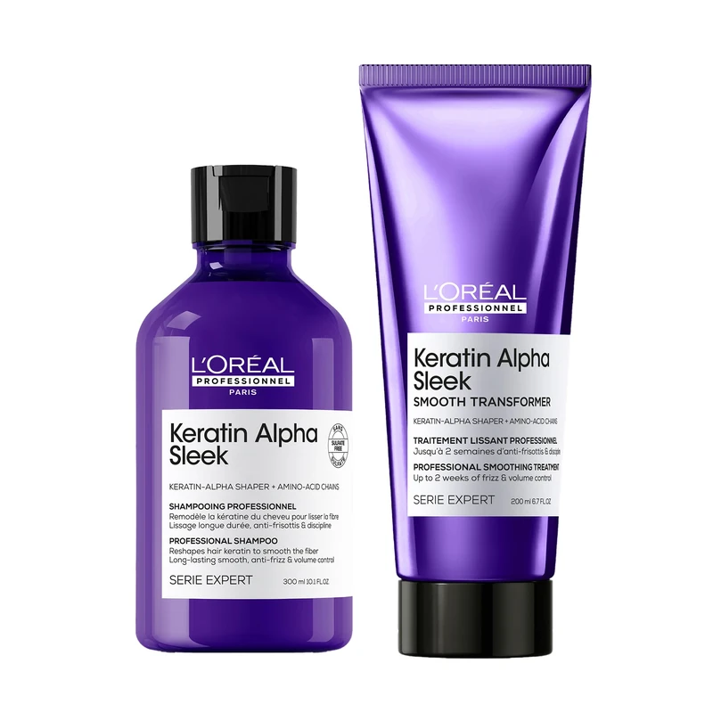 L'Oréal Professionnel Keratin Alpha Sleek Shampoo -2 week* Anti Frizz and Smoothing, sulphate-free 300ml and Transformer 2-week Frizz Control and Smoothing Hair Treatment 200ml