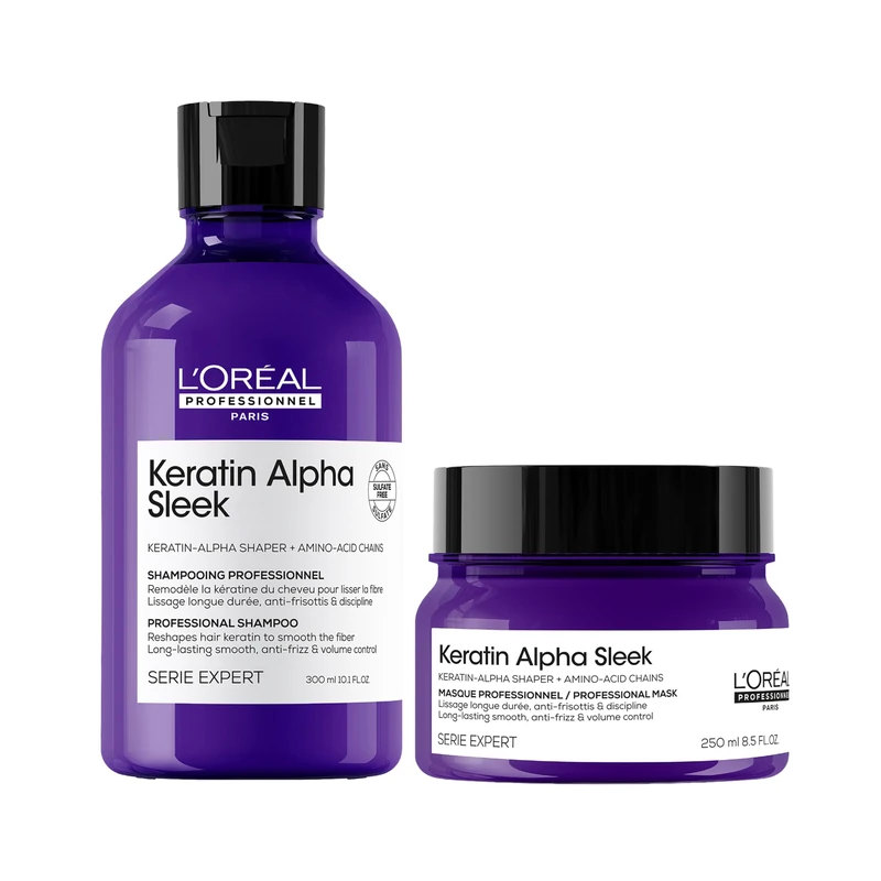 L'Oréal Professionnel Keratin Alpha Sleek Shampoo -2 week* Anti Frizz and Smoothing, sulphate-free 300ml and Hair Mask Anti Frizz and Smoothing 250ml