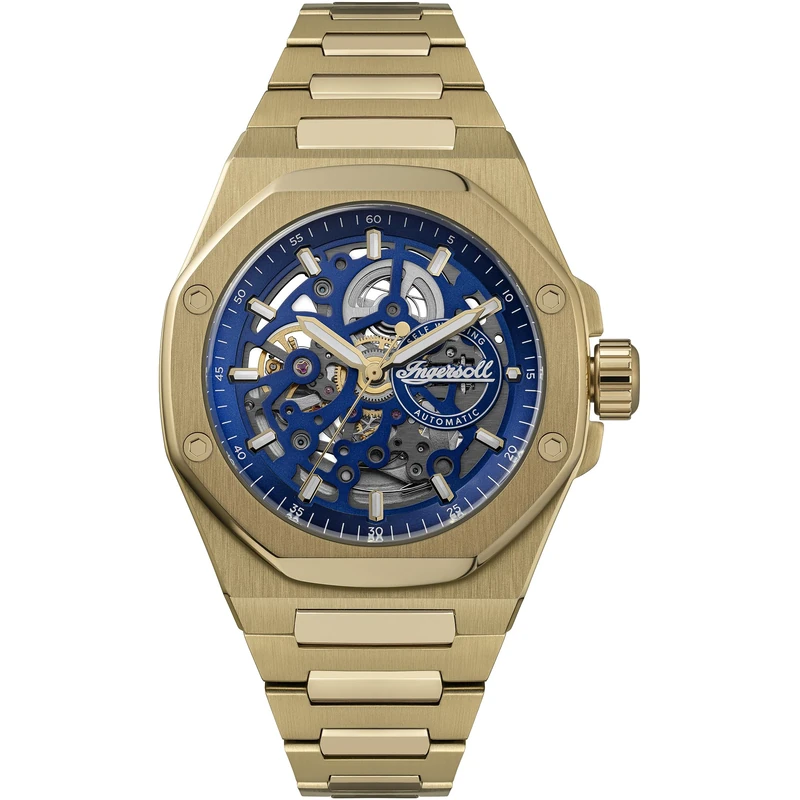 Ingersoll The Faller Mens 43.5mm Automatic Watch with Blue Dial and Gold Stainless Steel Braclet I17602