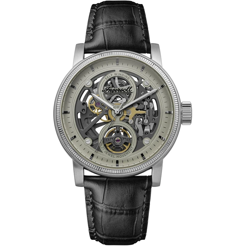 Ingersoll The Guy Mens 44mm Automatic Watch with Grey Dial and Black Leather Strap I17501