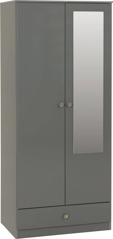 Denver 2 Door 1 Drawer Mirrored Wardrobe in Grey Gloss