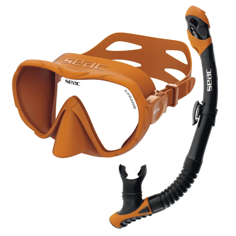 SEAC Set Bis X-Frame Dry - Adult Snorkelling Set with Frameless Single-Lens Tempered Glass Mask and Dry-Top Snorkel | Silicone, Purge Valve and Ergonomic Mouthpiece for Scuba Diving and Snorkelling