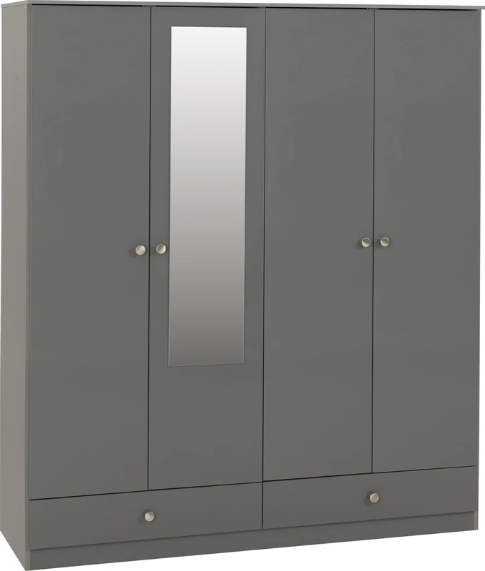 Denver 4 Door 2 Drawer Mirrored Wardrobe in Grey Gloss