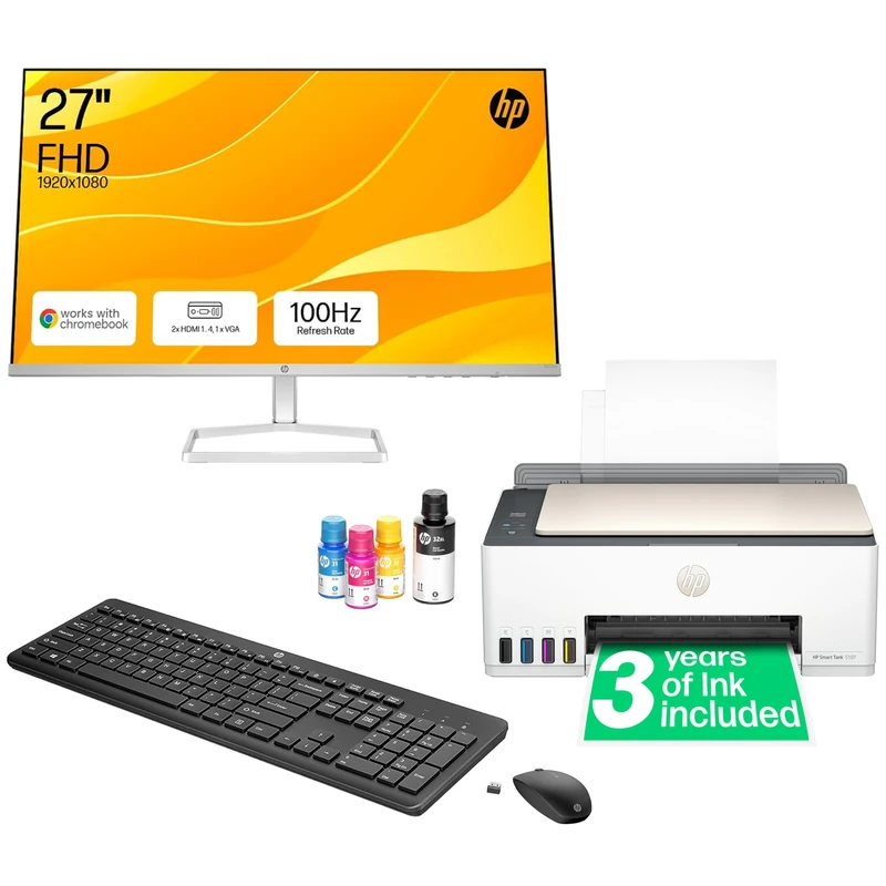 HP Printer, Monitor, Keyboard and Mouse Bundle Smart Tank 5107 All in One Printer - Includes up to 3 Years of Ink 527sw 27” FHD IPS Monitor 230 Wireless Keyboard and Mouse Combo