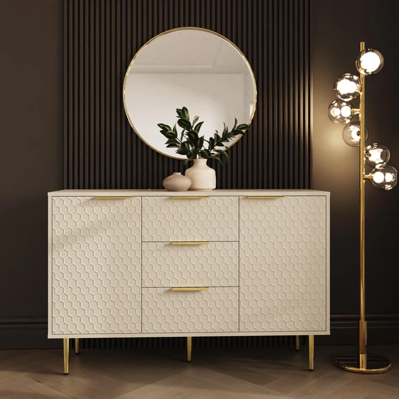 Azariah Contemporary Honeycomb Sideboard Cabinet – Large Storage Buffet with Textured Doors, Gold Handles & Shelves – Modern Home Furniture in Ivory