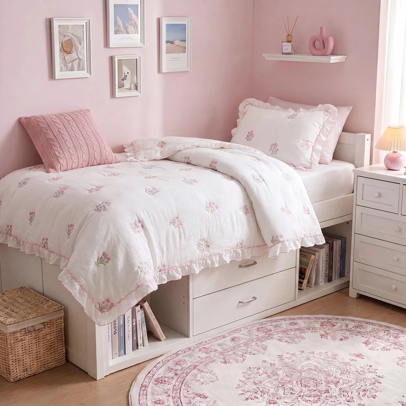 Intelligent Design Aglaia Twin Quilt - Pink Floral Ruffle Bedding