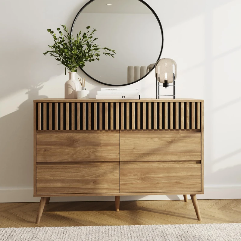 Rowan 3+3 Chest of Drawers Oak Effect Wooden Wide Dresser Bedroom Storage Cabinet Double Drawer Unit Modern Scandinavian Furniture