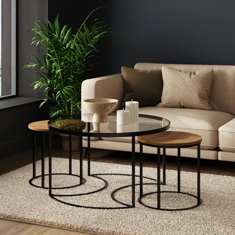 GFW Femi Round Nesting Coffee Tables Set of 3 – Modern Black Metal Frame & Wood Effect Top – Space Saving Stackable Side Tables for Living Room, Lounge or Bedroom