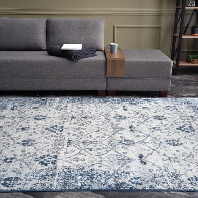 THE RUGS Montana Rug - Modern & Vintage Low Pile Area Rugs Living room, Bedroom, Kitchen, Soft Low Pile, Pet-Friendly, Easy to Clean [Navy Classic Design, 240x340 cm]