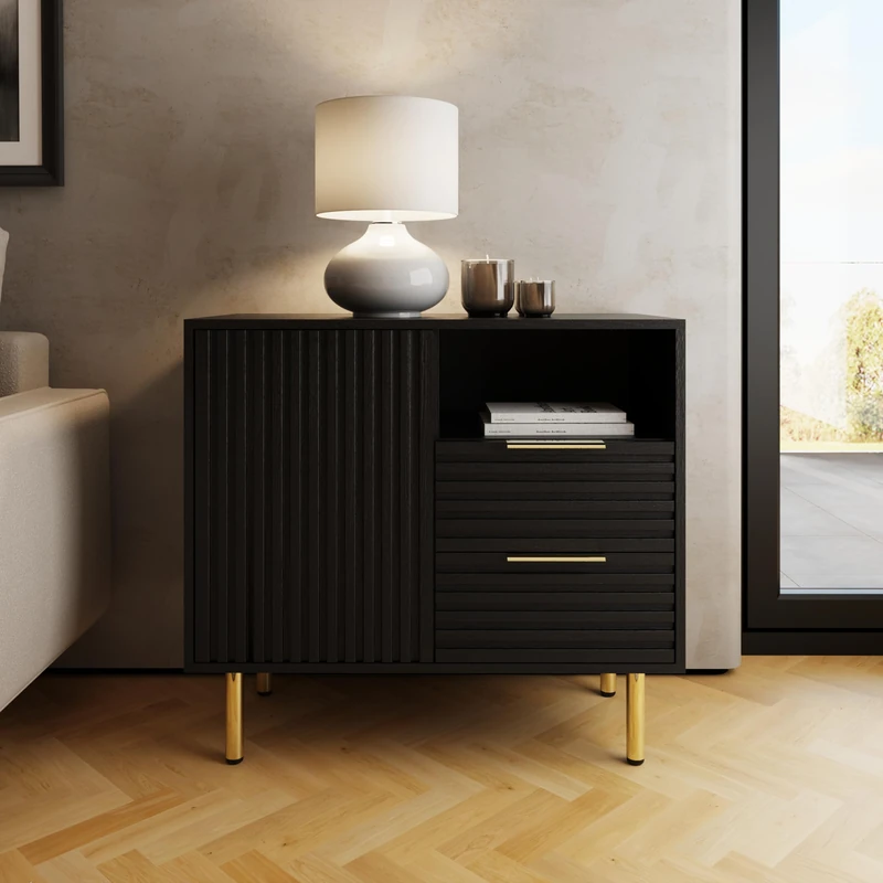Nervata Black Compact Sideboard Modern Storage Cabinet with Drawer and Cupboard Scandinavian Wooden Living Room & Hallway Furniture