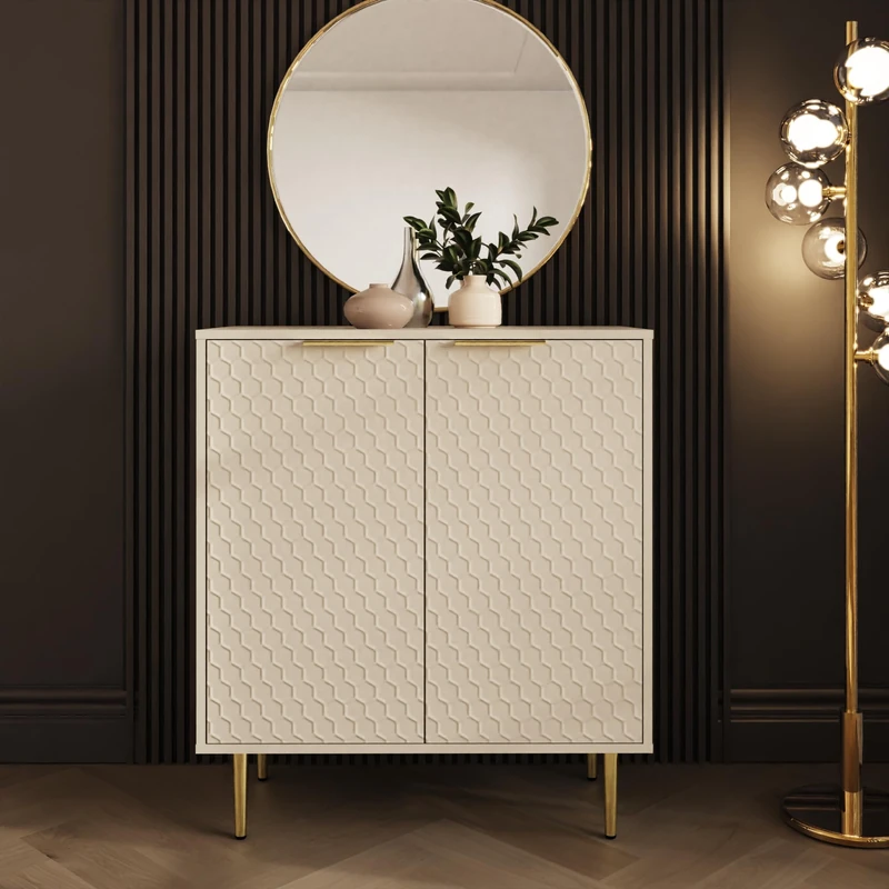 Azariah Compact Geometric Sideboard – Honeycomb Textured Small Storage Cabinet with Gold Handles – Modern Living Room & Hallway Cupboard in Ivory