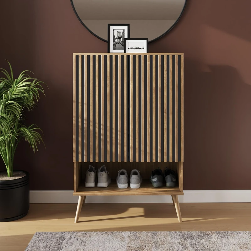 Rowan Slatted Multi Unit Storage & Shoe Cabinet Modern Wooden Hallway Cupboard Sideboard, Multi-Purpose Shelving Unit with Doors for Living Room, Bedroom & Hallway Organisation