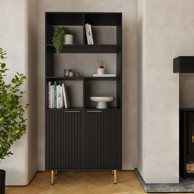 GFW Nervata Black Bookcase with Cabinet Modern Black Shelving Unit, Wooden Display Storage Shelf for Living Room, Bedroom & Home Office