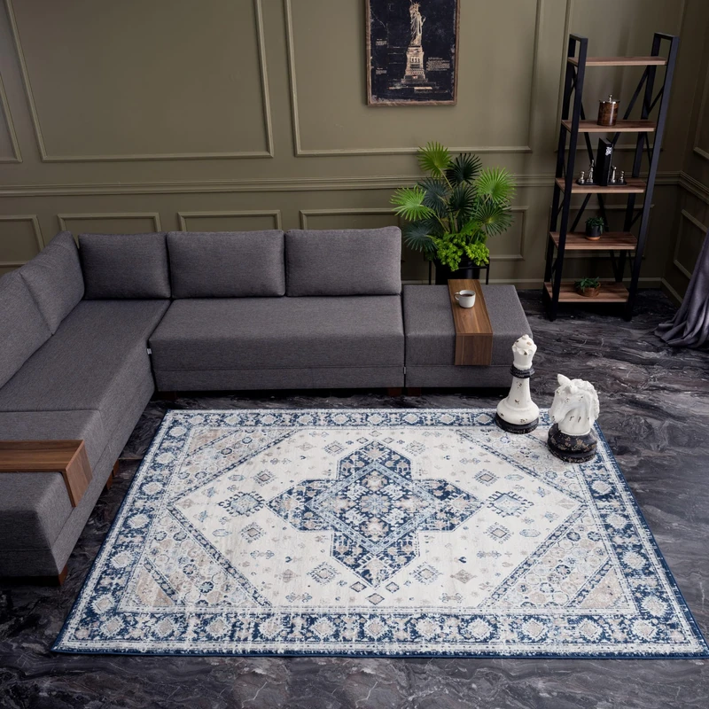 THE RUGS Montana Rug - Modern & Oriental Low Pile Area Rugs Living room, Bedroom, Kitchen, Soft Low Pile, Pet-Friendly, Easy to Clean [Navy Bordered Design, 240x340 cm]