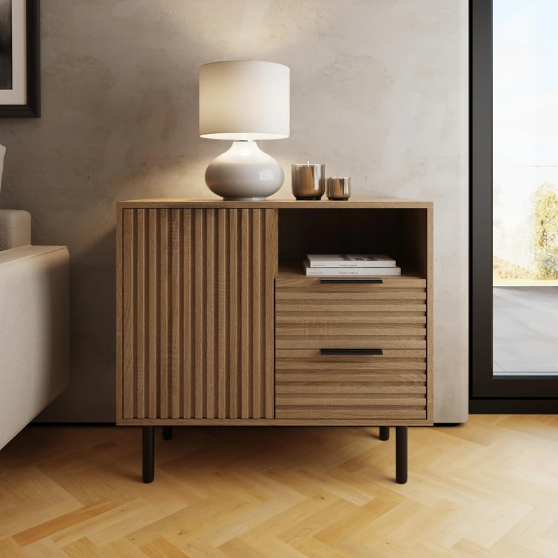Nervata Compact Sideboard Oak Effect Storage Cabinet Modern Wooden Sideboard with Drawer & Cupboard Scandinavian Living Room Furniture