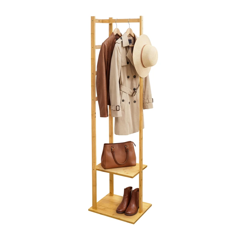 Relaxdays Bamboo & MDF Coat Stand with Shelves, Hooks, 155x38x30 cm, Natural