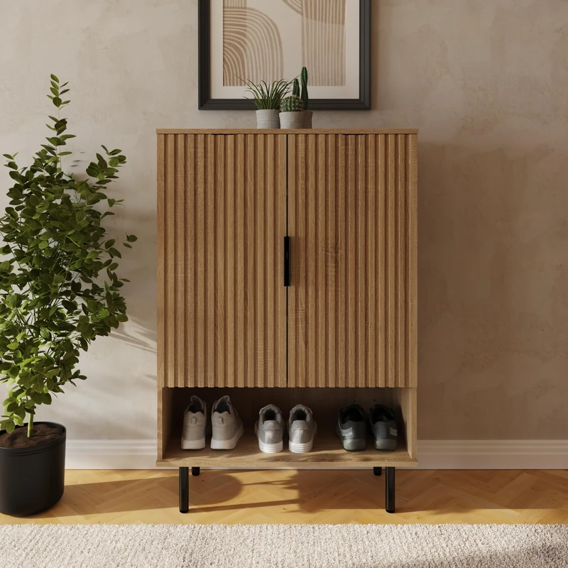 Nervata Storage Cabinet with Slatted Detailing, Modern Multi-Purpose Cupboard for Hallway, Living Room & Bedroom, Stylish Wooden Storage Unit with Doors for Organised Home Living