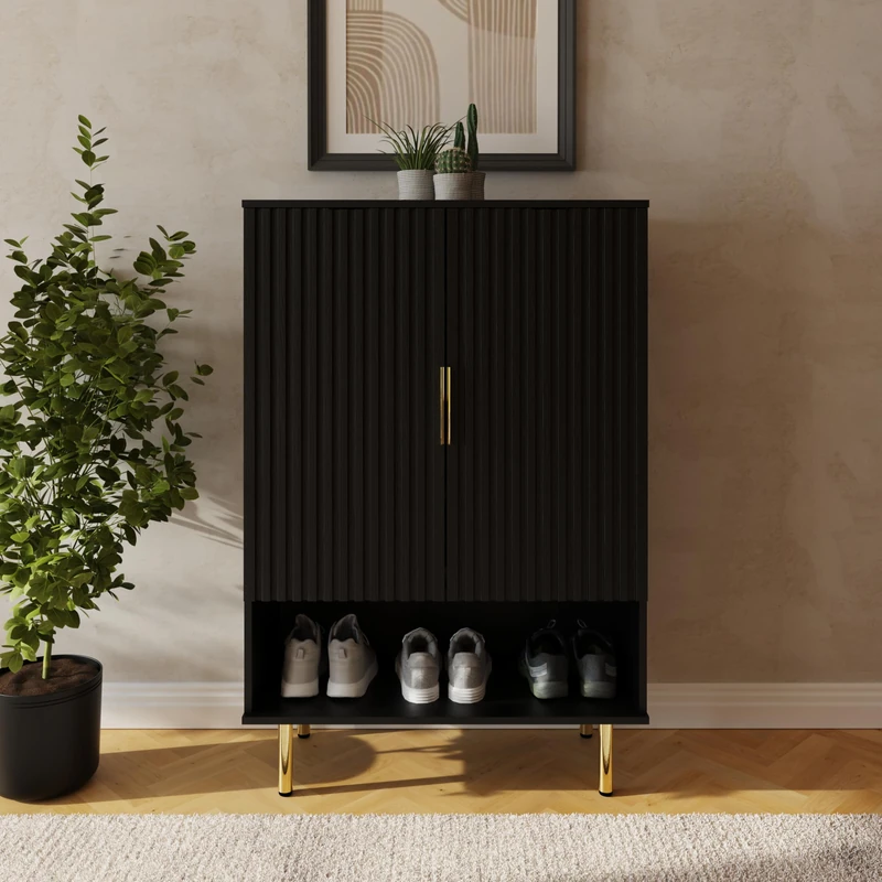 Nervata Storage Cabinet with Ribbed Detailing Modern Multi-Purpose Cupboard for Hallway, Living Room & Bedroom, Stylish Wooden Storage Unit with Doors for Organised Home Living