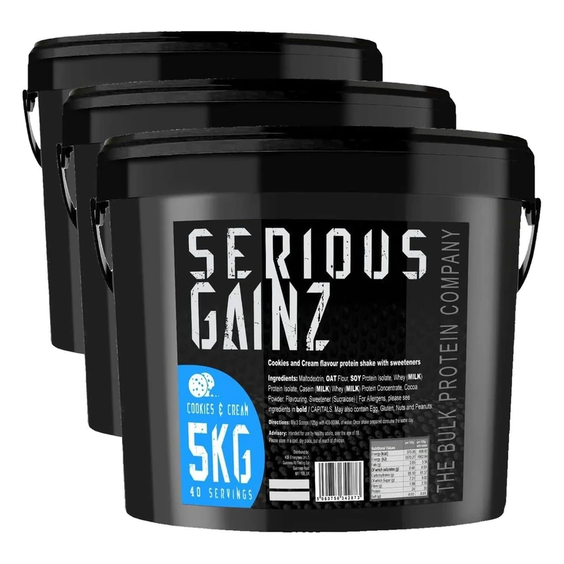 The Bulk Protein Company, SERIOUS Gainz - Whey Protein Powder - Weight Gain, Mass Gainer - 30g Protein Powders (Cookie & Cream, 5kg) (Pack of 3)