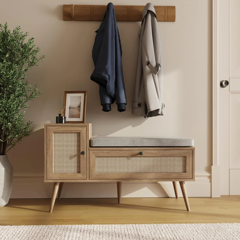Noor Rattan Shoe Cabinet Bench – 2-Door Oak Finish Hallway Storage with Padded Top