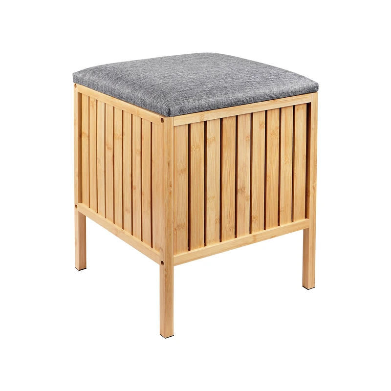 Relaxdays Bamboo Laundry Hamper with Padded Seat, Storage, Bathroom Stool, 52x39x39cm, Natural/Grey