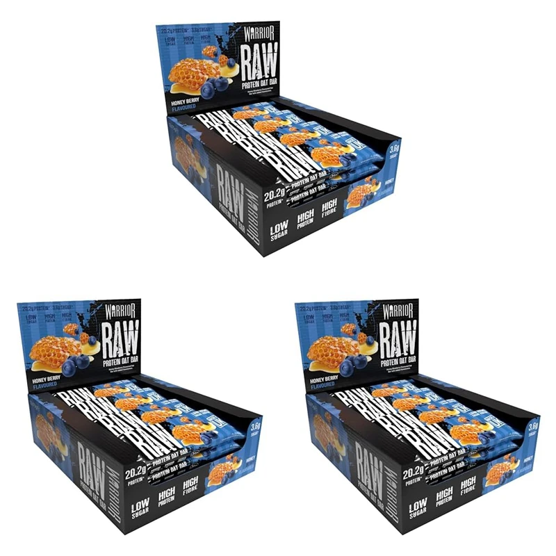 Warrior Raw Protein Bars – 20g Protein Per Bar – High Protein Snack Bars Multipack (12 or 24 Bars, 75g Each) – Low Sugar, High Fibre Breakfast & Meal Replacement Bar – Honey Berry Flapjack (Pack of 3)