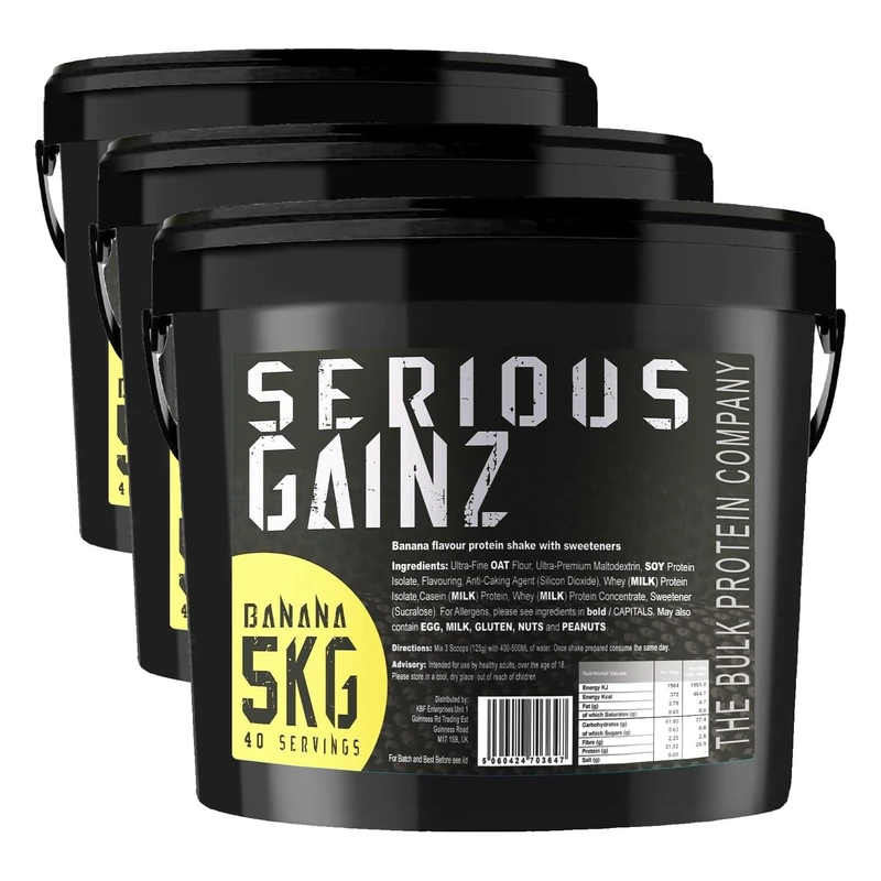 The Bulk Protein Company - Serious Gainz – Mass Gainer Protein Powder – Banana 5kg, B142-BA (Pack of 3)