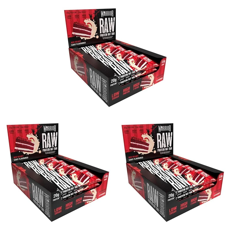 Warrior Raw Protein Bars – 20g Protein Per Bar – High Protein Snack Bars Multipack (12 or 24 Bars, 75g Each) – Low Sugar, High Fibre Breakfast & Meal Replacement Bar – Red Velvet Cake Flapjack
