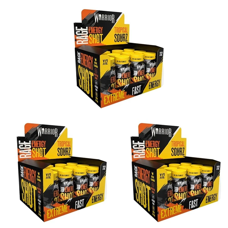 Warrior Rage Energy Shots - Pre Workout Shot Drink 12 x 60ml - RTD Fuel Juice Supplement (Liquid not Gels) - 200mg Caffeine to Lift Sessions and Running - Contains Vitamin B6 & B12 (Tropical Sourz)