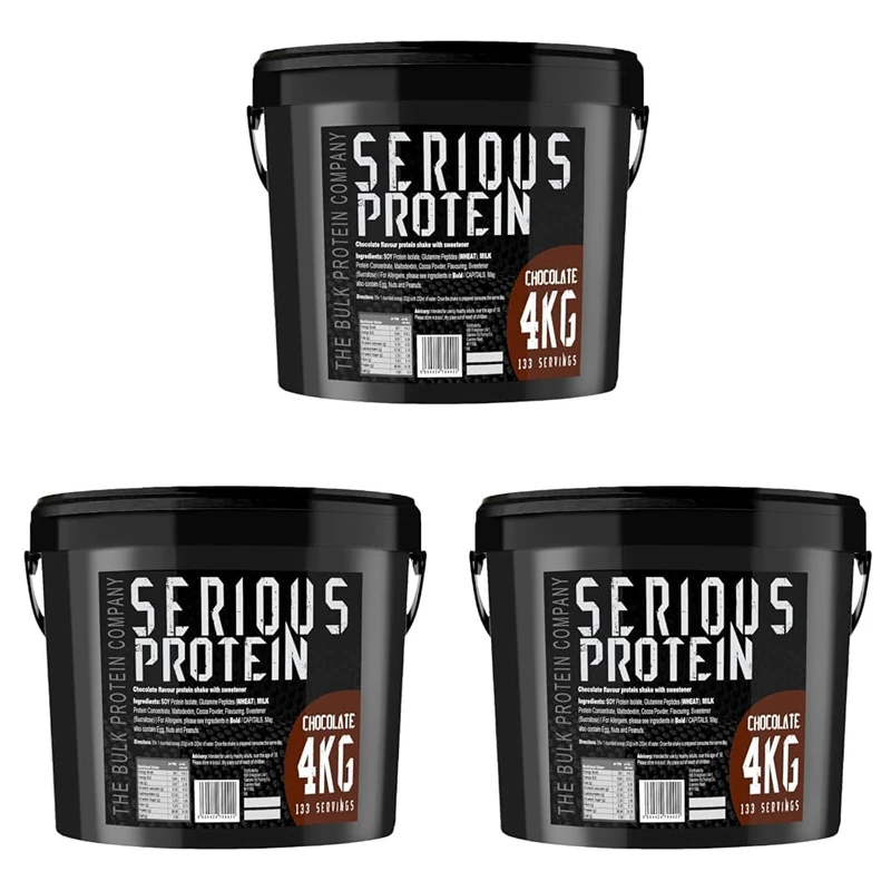 SERIOUS Protein – Protein Powder – 4kg – Low Carb – Supports Lean Muscle Growth – Recovery Supplement - The Bulk Protein Company - 133 Servings (Chocolate) (Pack of 3) - Image 1