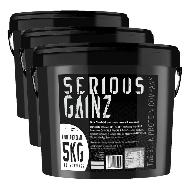 The Bulk Protein Company, SERIOUS Gainz - Whey Protein Powder - Weight Gain, Mass Gainer - 30g Protein Powders (White Chocolate, 5kg) (Pack of 3)
