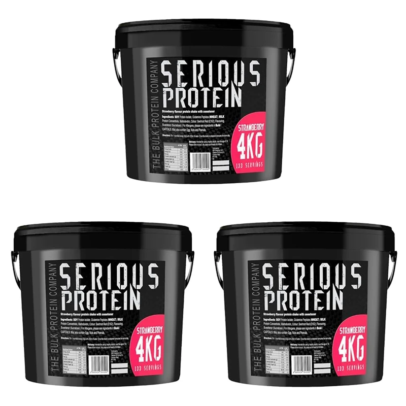 SERIOUS Protein – Protein Powder – 4kg – Low Carb – Supports Lean Muscle Growth – Recovery Supplement - The Bulk Protein Company - 133 Servings (Strawberry) (Pack of 3)