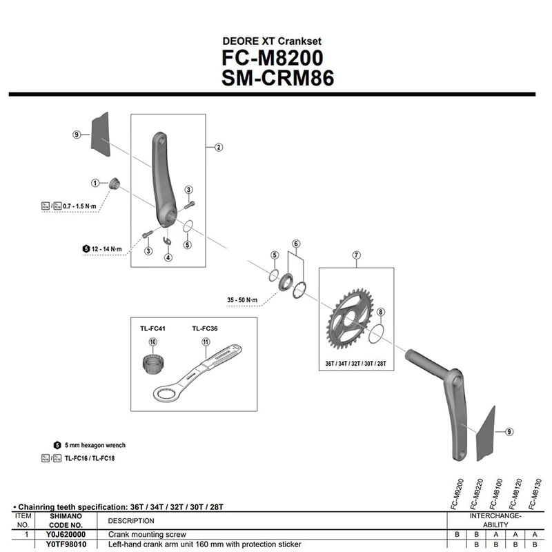 Shimano L.H. Crank Arm 170mm - FC-M8200 Bike Crankset