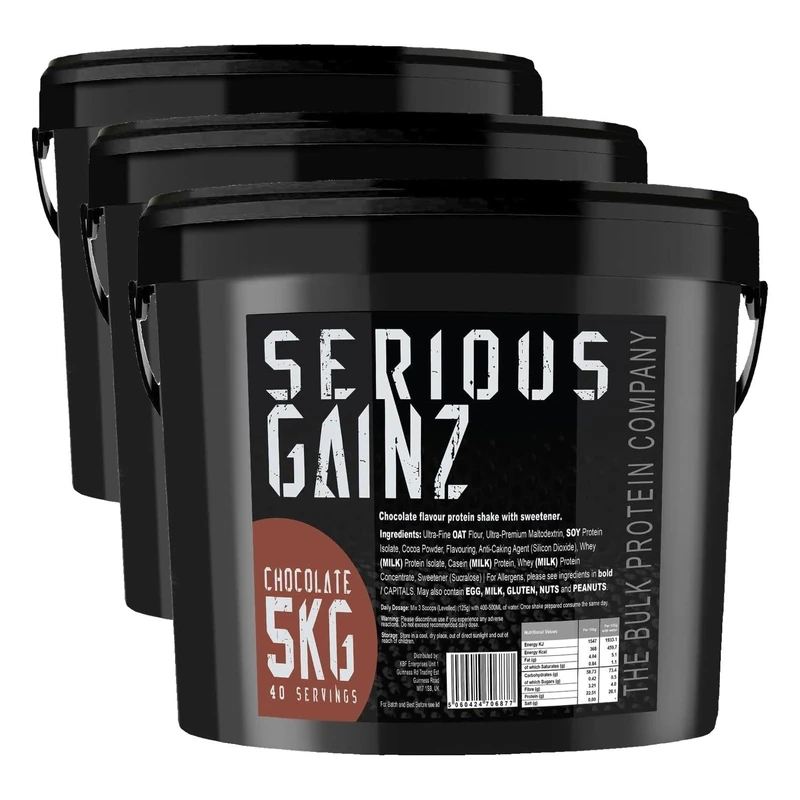 The Bulk Protein Company, SERIOUS Gainz - Whey Protein Powder - Weight Gain, Mass Gainer - 30g Protein Powders (Chocolate, 5kg) (Pack of 3)