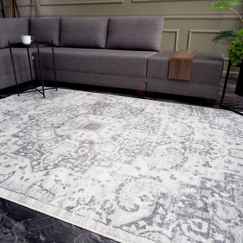THE RUGS Montana Rug - Modern & Vintage Low Pile Area Rugs Living room, Bedroom, Kitchen, Soft Low Pile, Pet-Friendly, Easy to Clean [Grey Medallion Design, 240x340 cm]