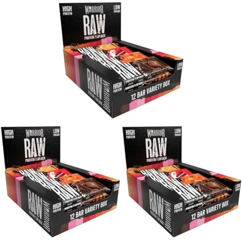 Warrior Raw Protein Bars – 20g Protein Per Bar – High Protein Snack Bars Multipack (12 or 24 Bars, 75g Each) – Low Sugar, High Fibre Breakfast & Meal Replacement Bar – Salted Caramel Flapjack