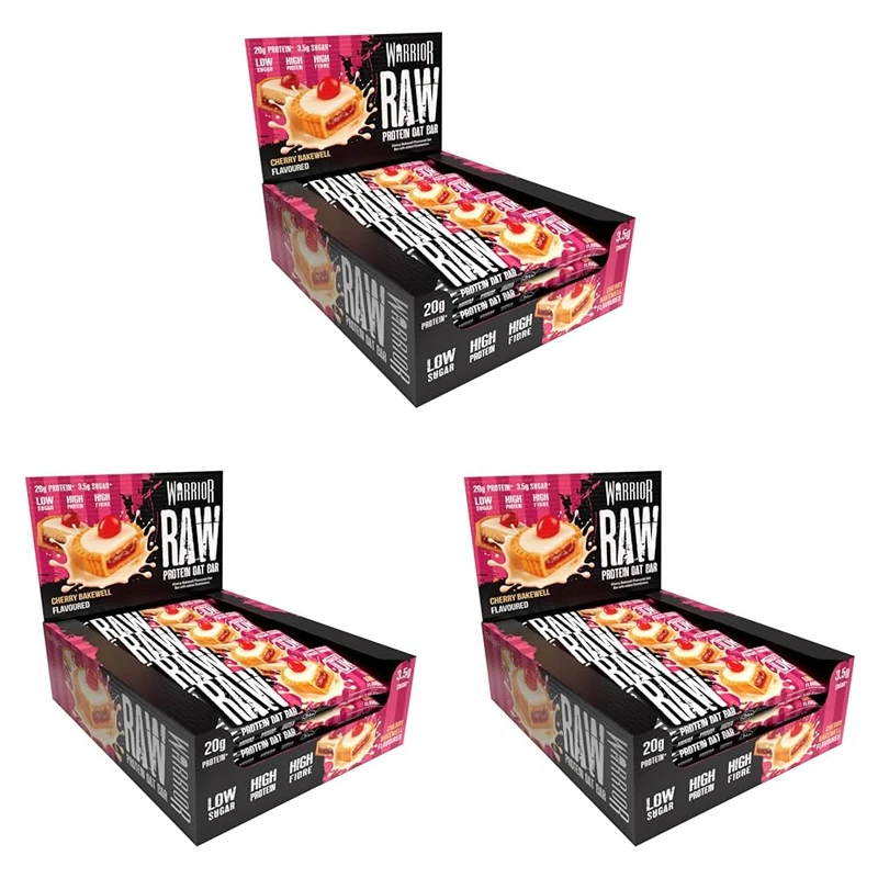 Warrior Raw Protein Bars – 20g Protein Per Bar – High Protein Snack Bars Multipack (12 or 24 Bars, 75g Each) – Low Sugar, High Fibre Breakfast & Meal Replacement Bar – Cherry Bakewell Flapjack - Image 1
