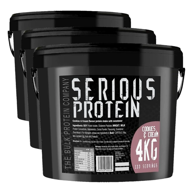SERIOUS Protein – Protein Powder – 4kg – Low Carb – Supports Lean Muscle Growth – Recovery Supplement - The Bulk Protein Company - 133 Servings (Cookies & Cream) (Pack of 3)